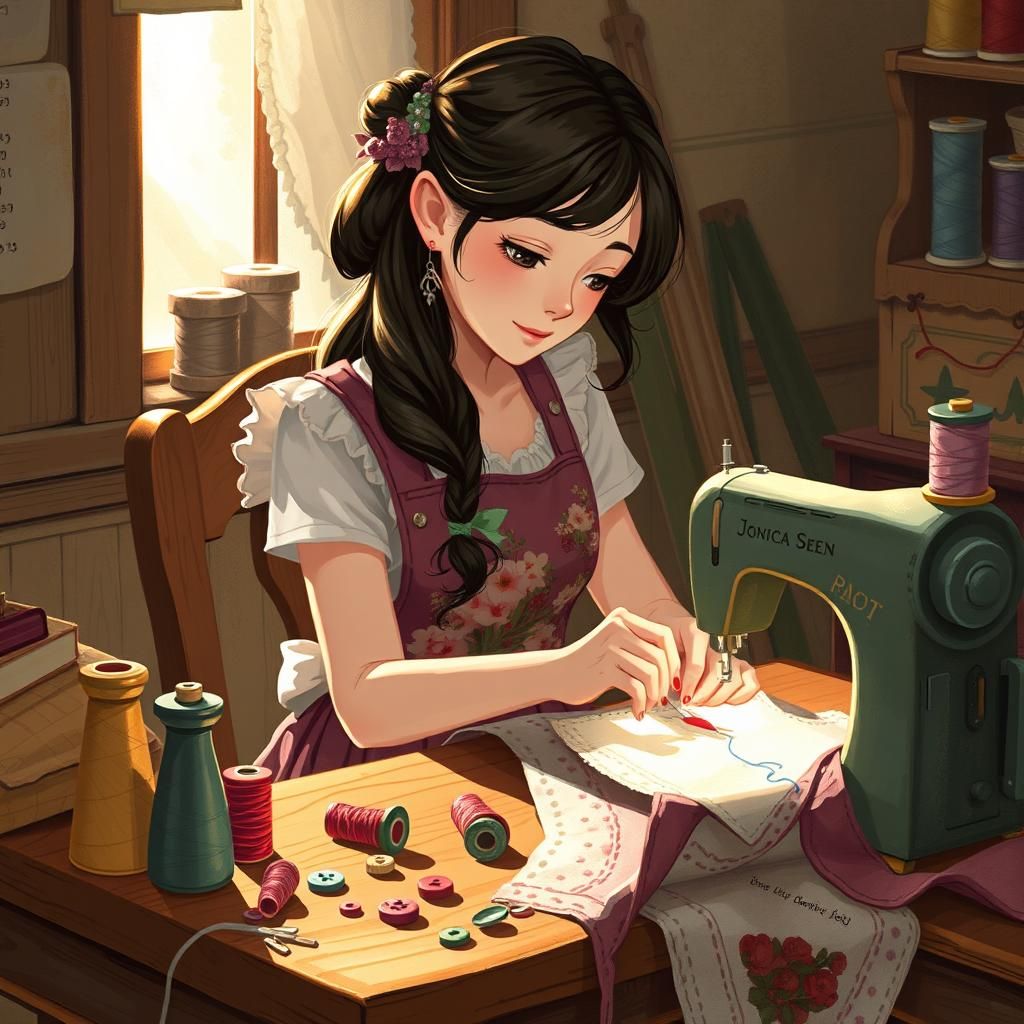 Passionate Seamstress in Nostalgic Mixed Media Art