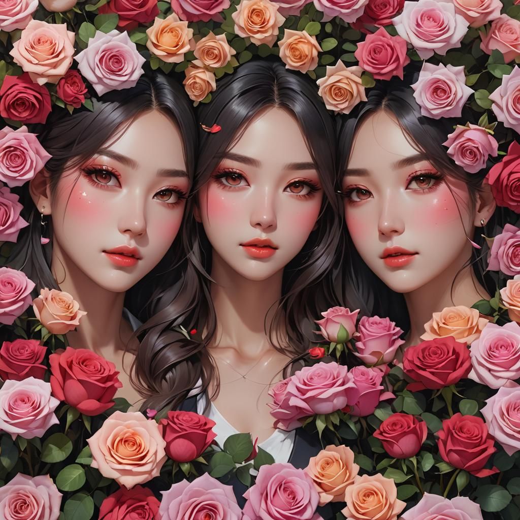 Anime Girls in Rose Garden: 3D Rendered Art