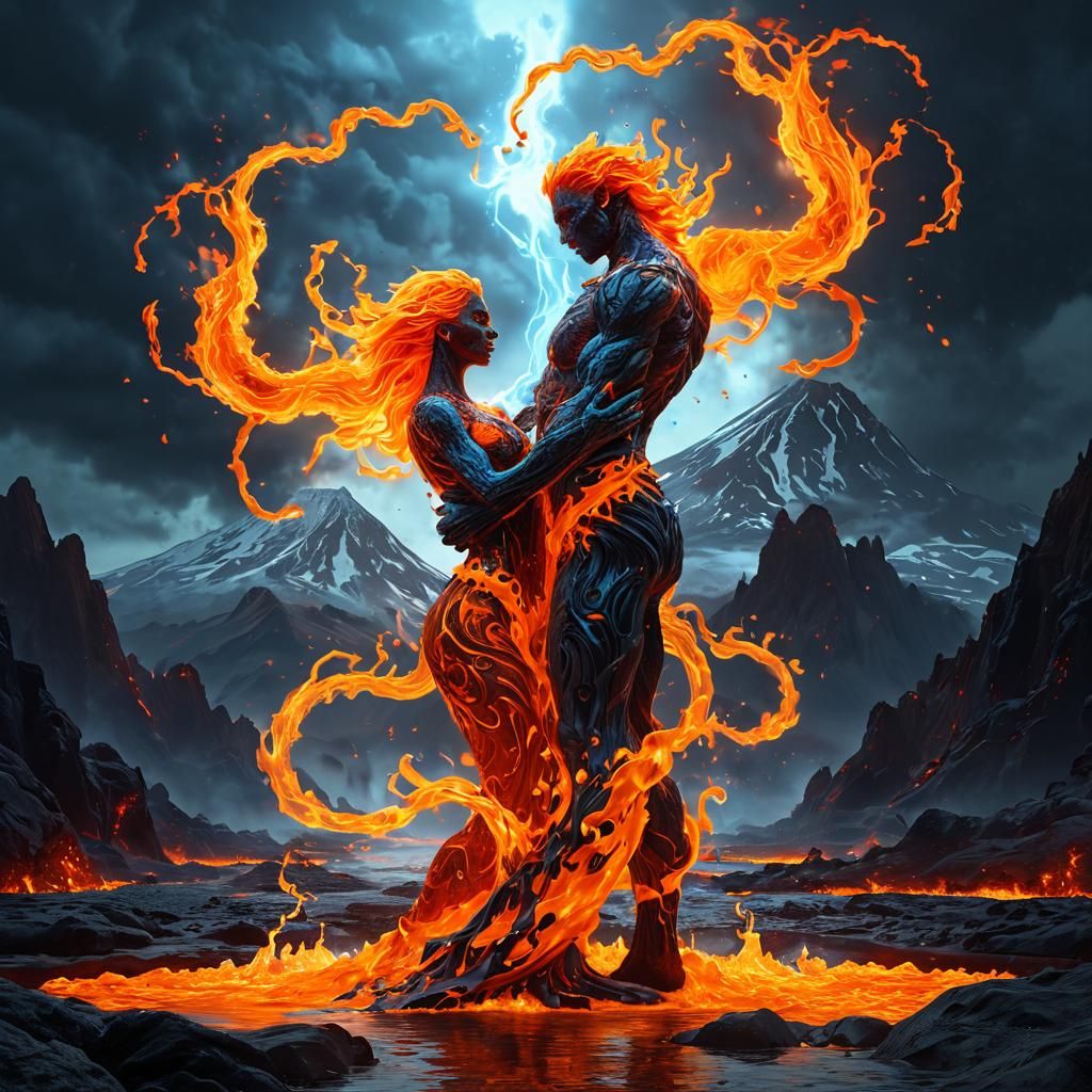 Fire Elementals Waltz in Surreal Landscape