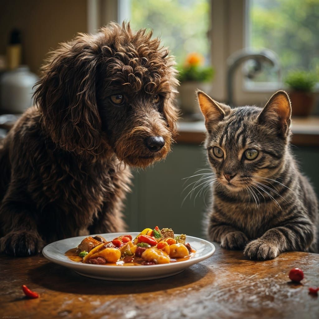 Hyperrealistic Poodle and Tabby Cat Dinner Scene