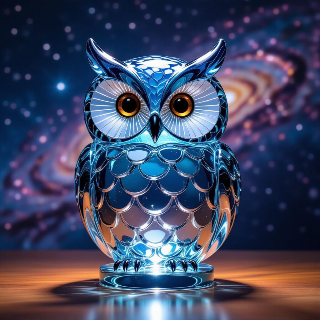 Translucent Glass Owl Sculpture on Wood in Studio Lighting