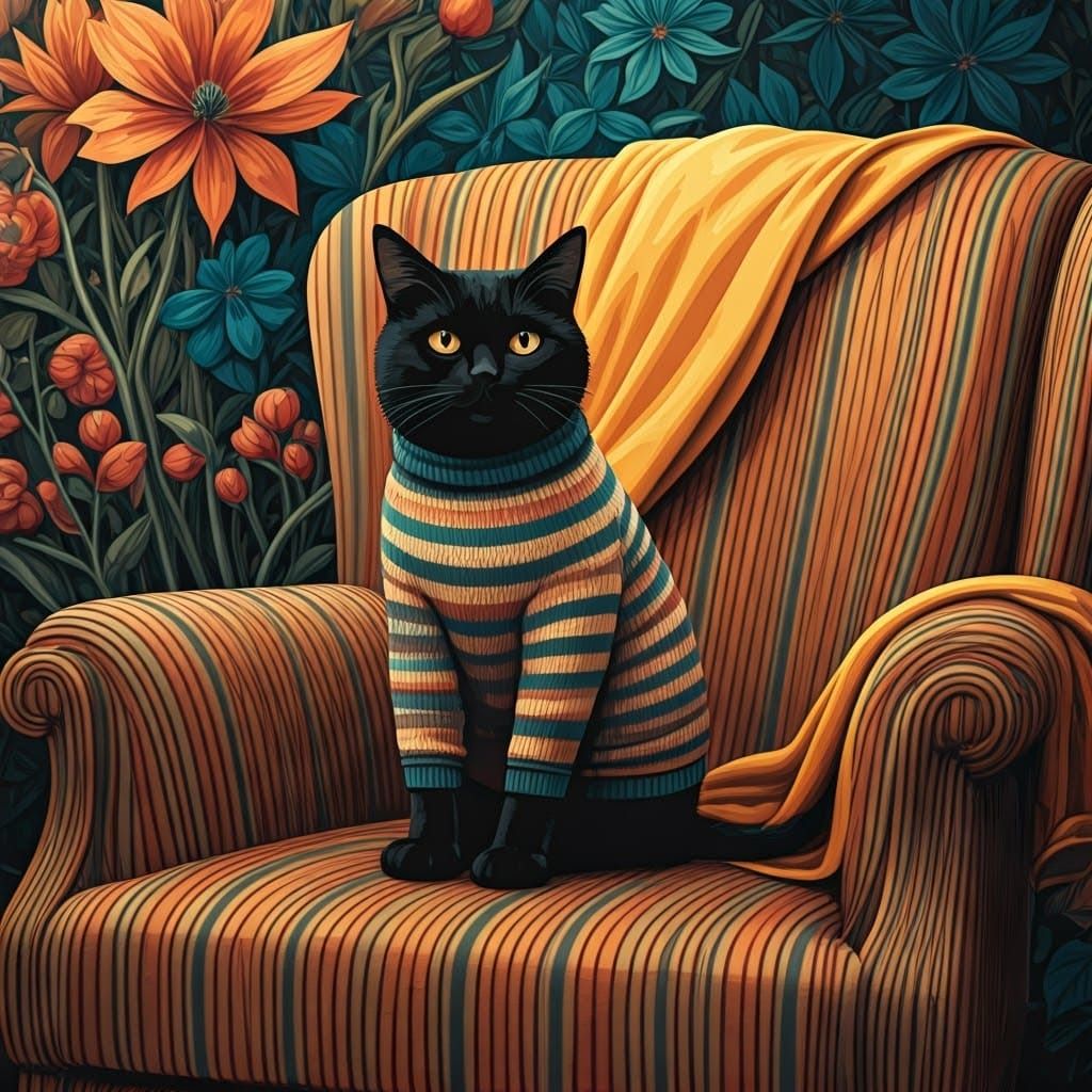 Black Cat in Whimsical Striped Wonderland