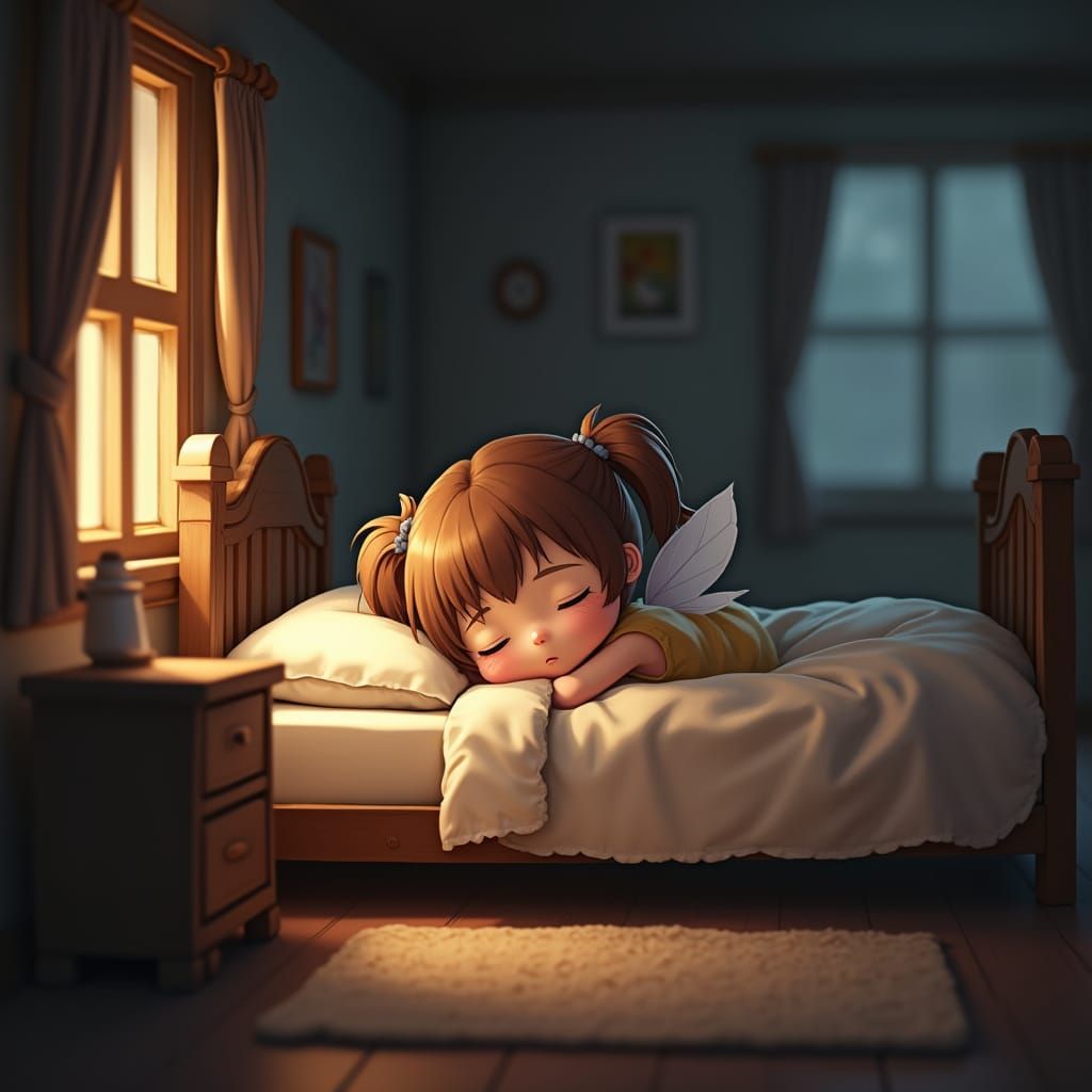 Sleeping Pixie in Dollhouse: Anime Style Digital Art