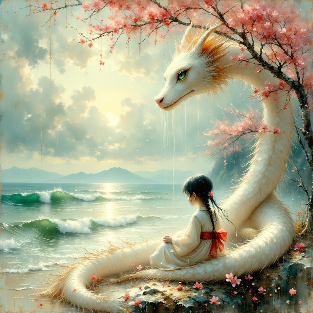 Serene Japanese Fantasy Scene with Girl and Dragon