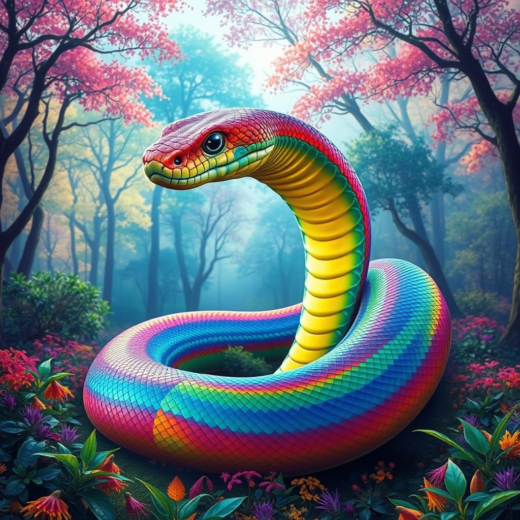 Surreal Rainbow Cobra Unfurls in a Kaleidoscopic Forest