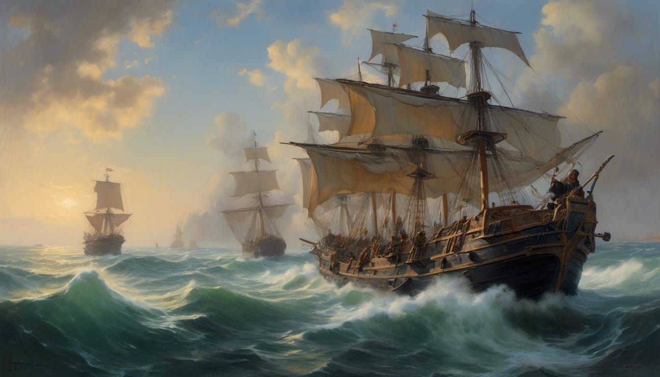 Caravel Sunset: Pirate Ship in 8-bit Ink