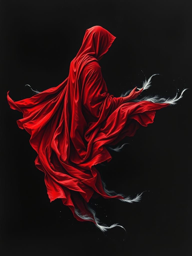 Ethereal Woman Emerges from Darkness in Rich Crimson Cloak