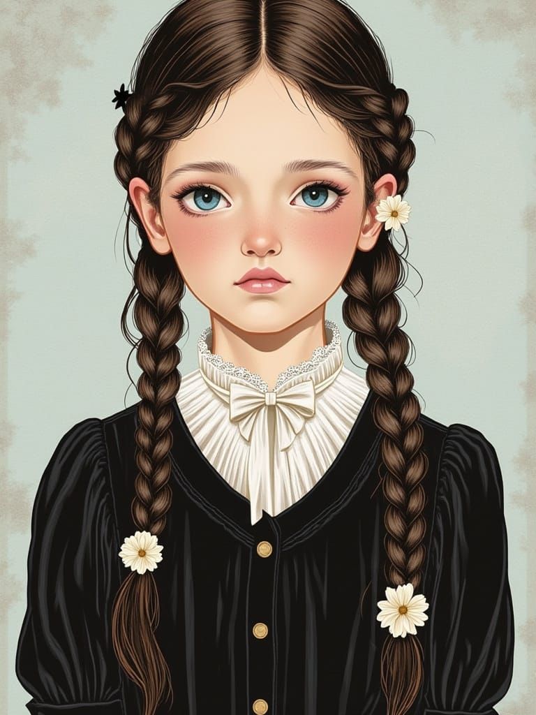 Enchanting Girl in Velvet Dress Digital Illustration