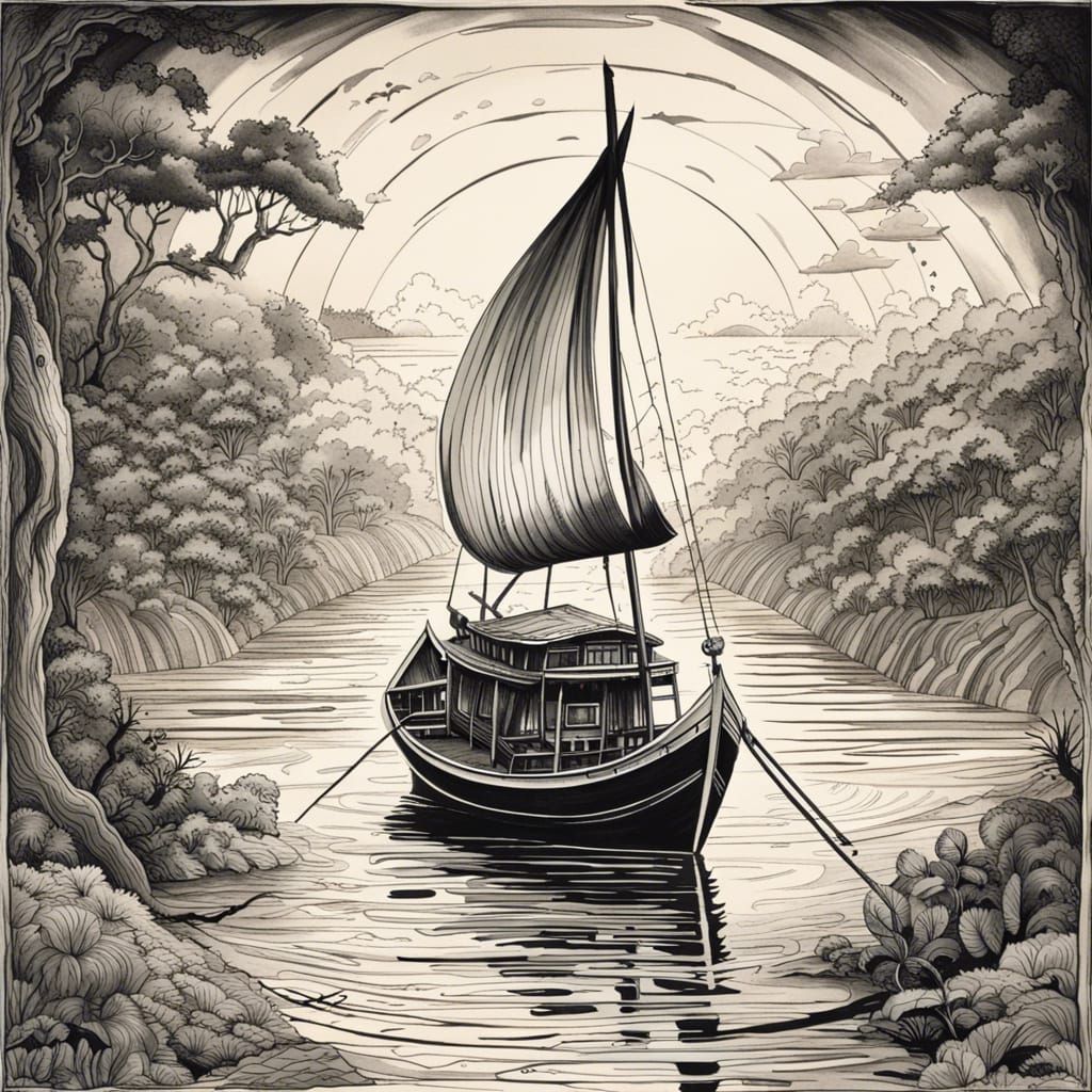 Monochrome Ink Drawing of River Boat in Jungle