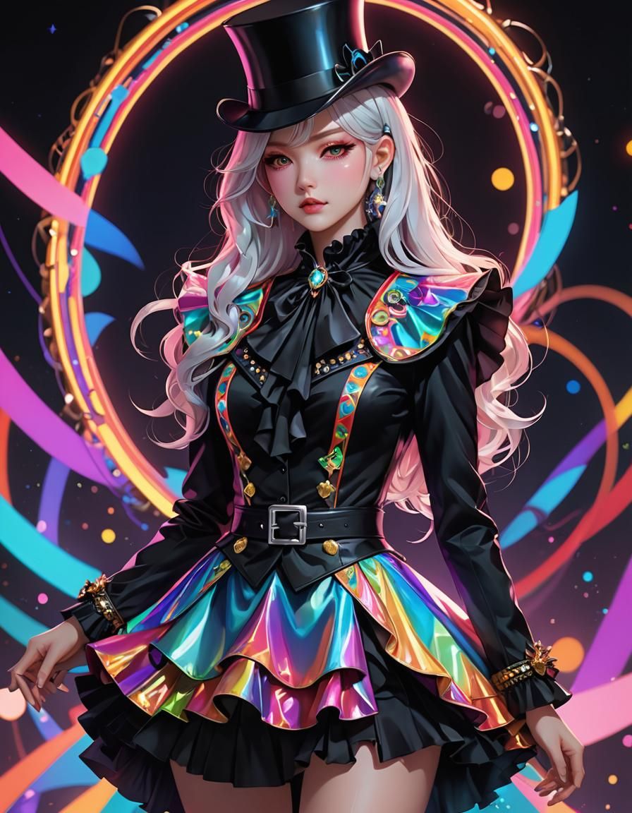 Neon Iridescent Ringmaster in Flowing Ruffle Dress