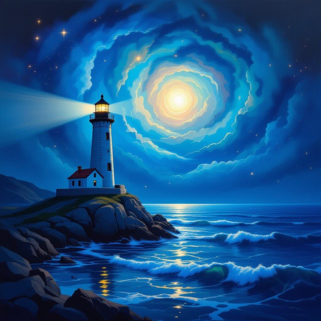 Cosmic Lighthouse Beam Piercing Nebula Over Celestial Sea