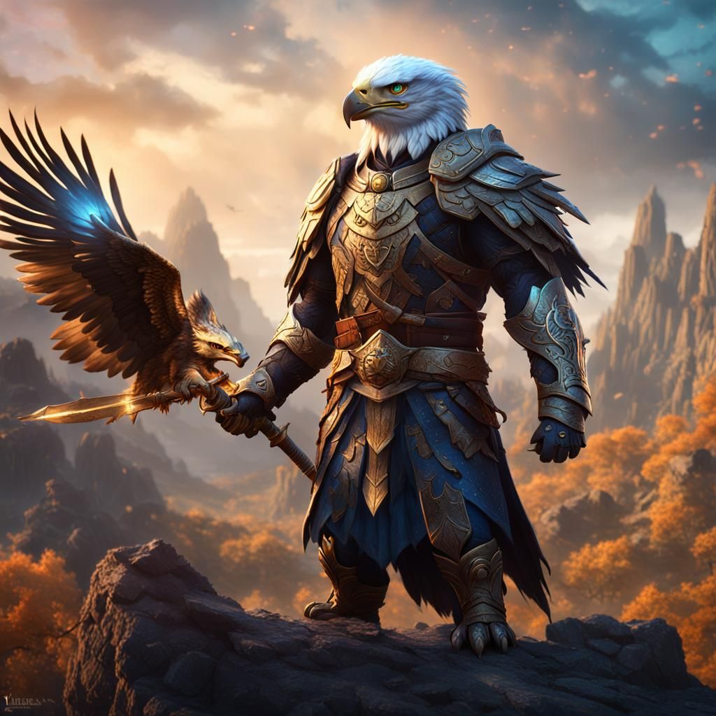 Celestial Feline-Eagle Warrior in Detailed Matte Painting