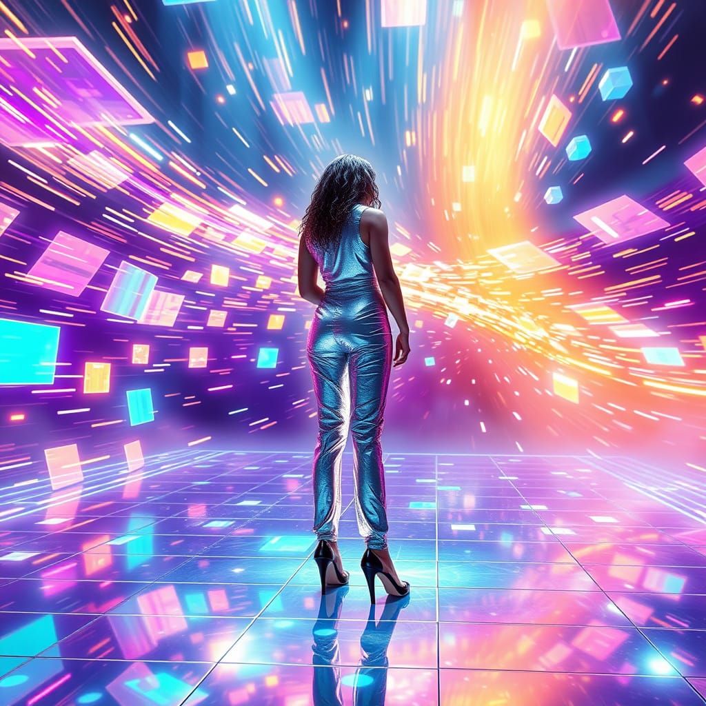 A Futuristic Disco Icon Dances Under Holographic Lights