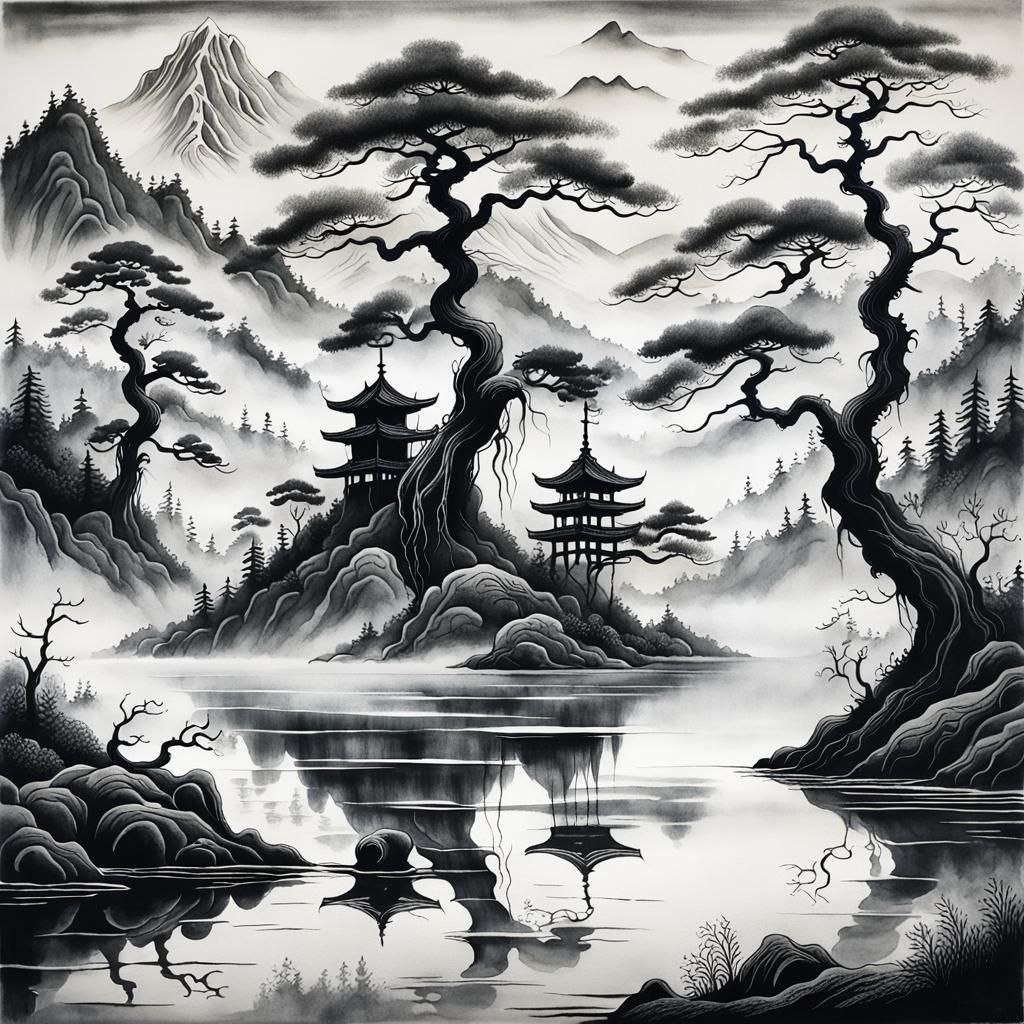 Eerie Chinese Landscape as Ink Wash Painting