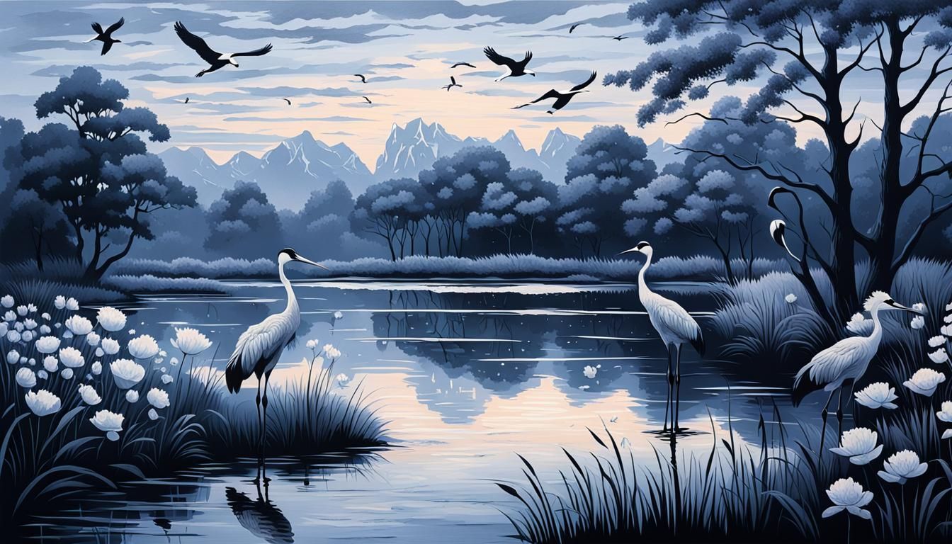 Monochromatic Cranes in Pond with Flowers