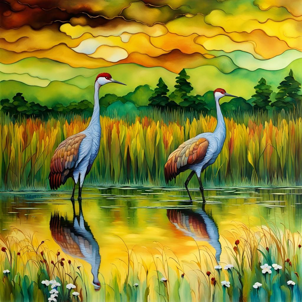 Sandhill Cranes in Flooded Estuary: Impressionist Painting