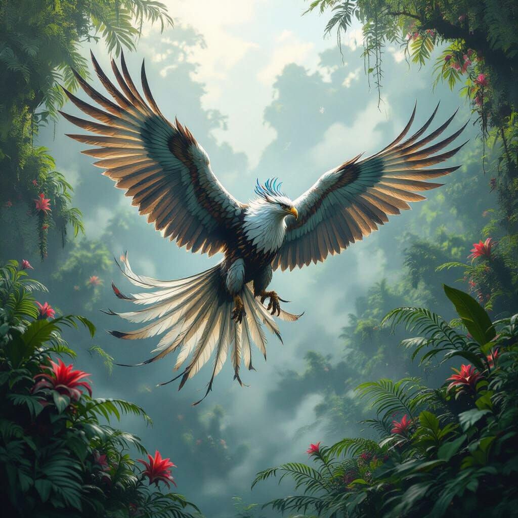 Griffin Soaring Through Prehistoric Jungle in Ethereal Style