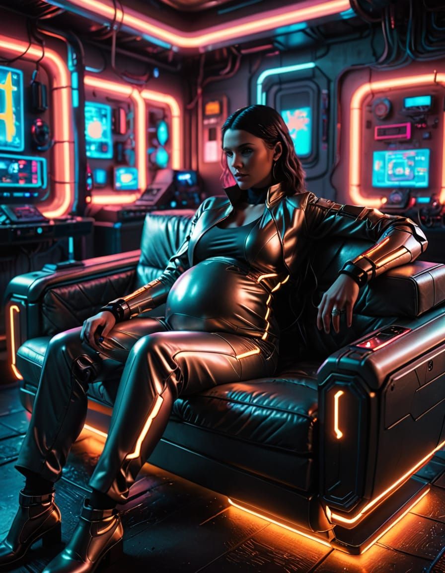 A Pregnant Woman Unwinds in a Futuristic Cyberpunk Haven