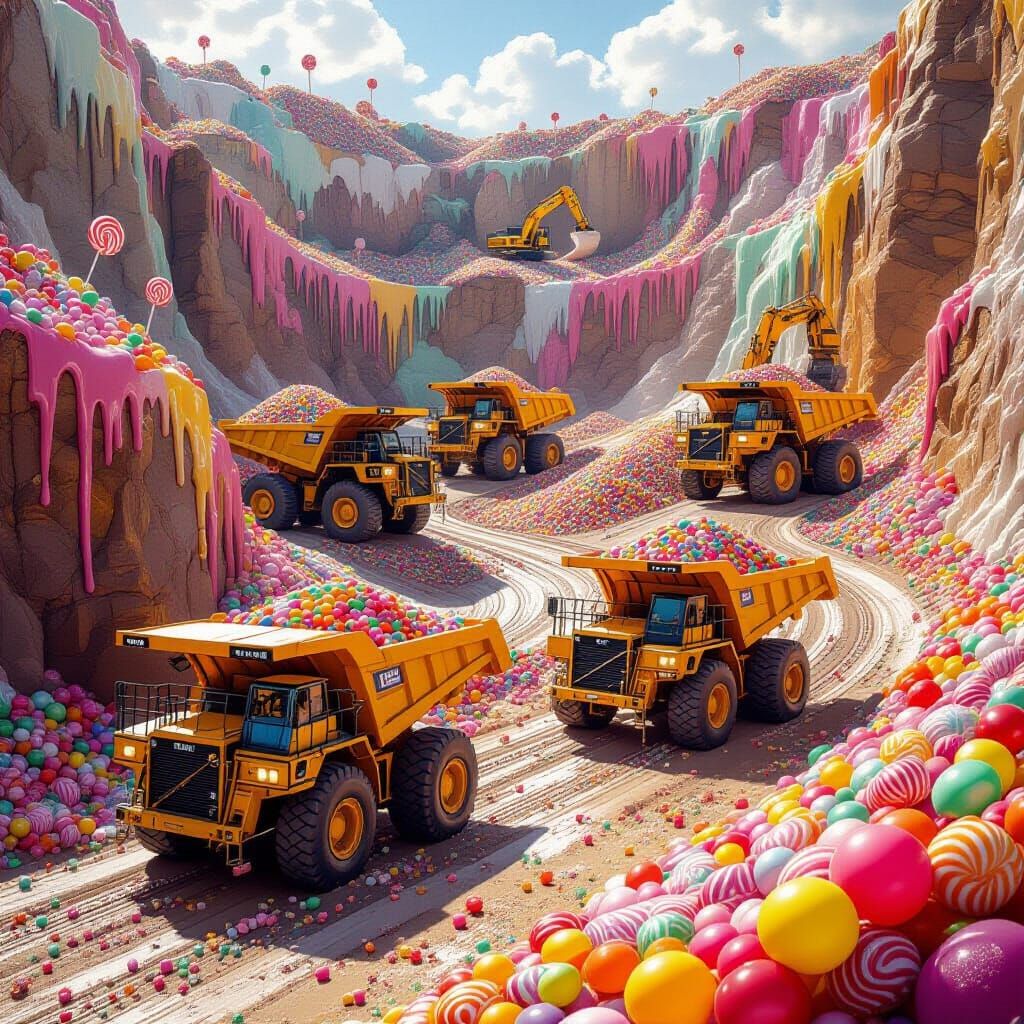 Giant Candy Quarry with Realistic Trucks in Whimsical Scene