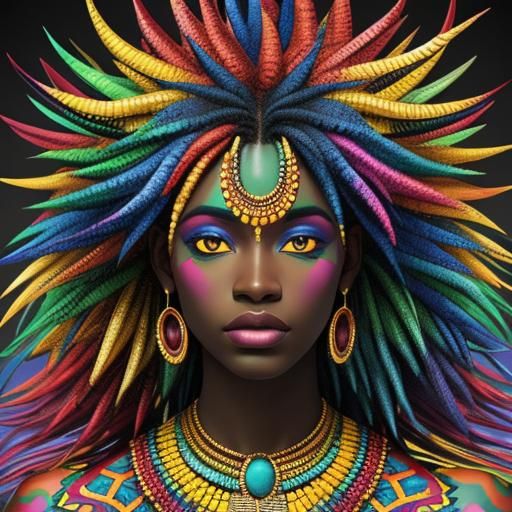 African Woman with Rainbow Dragon Scales in Abstract Art