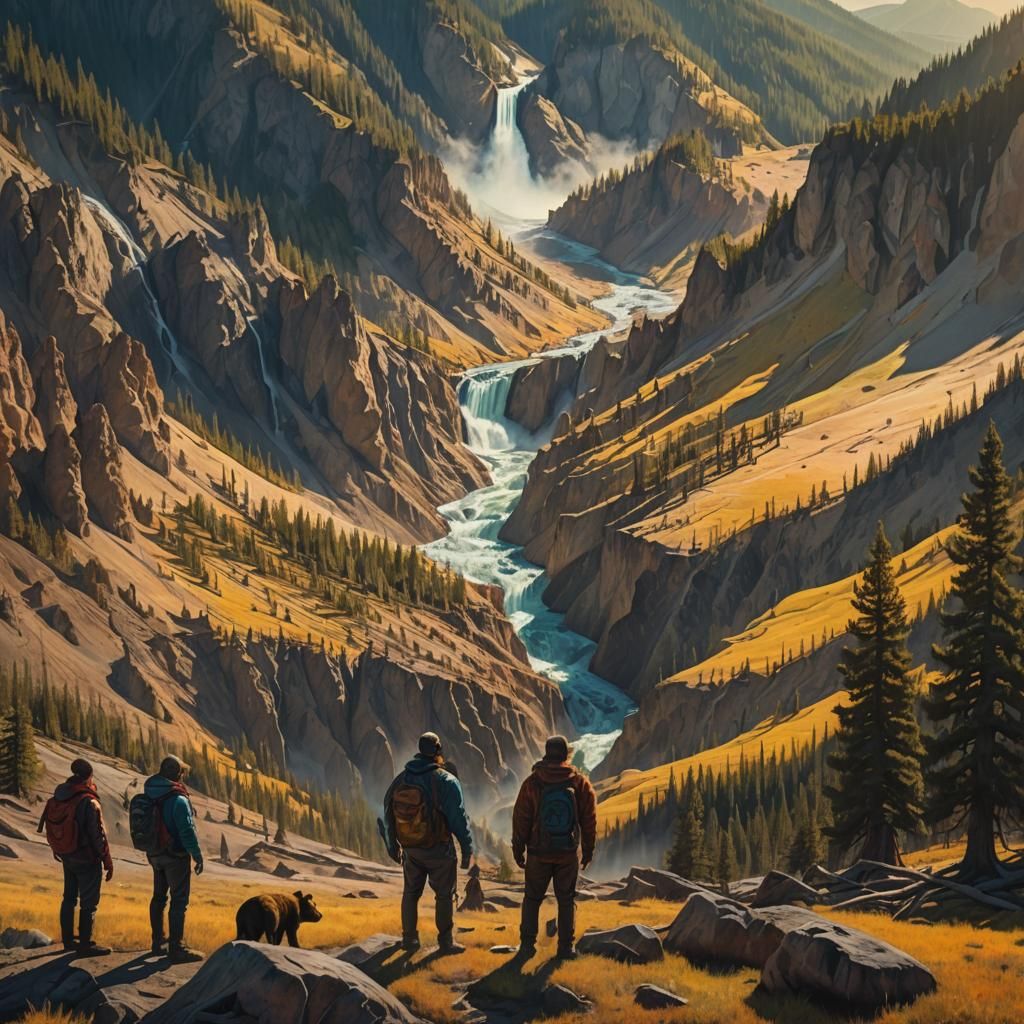 Aliens Watch Yellowstone Bears in Vibrant Oil Painting Style