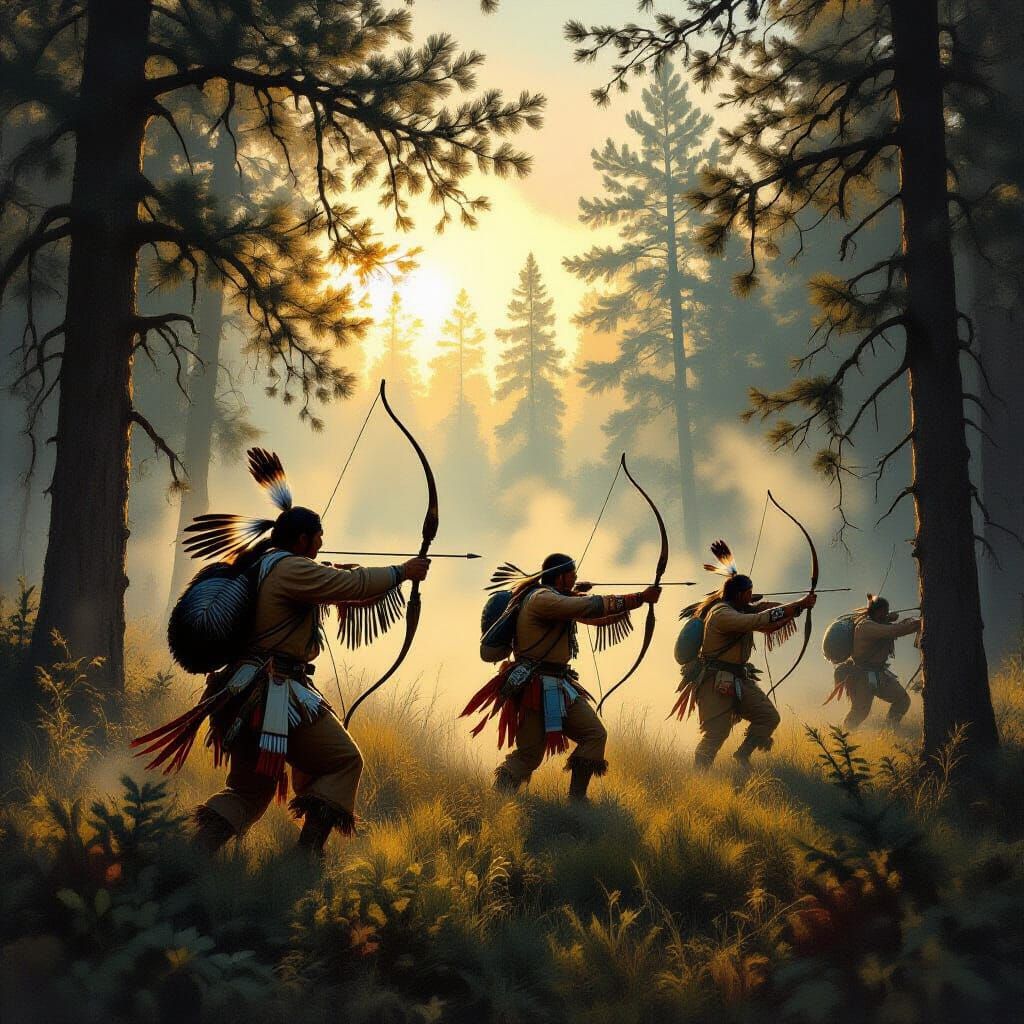 Native Hunters Pursue Wild Turkey at Dawn in Forest