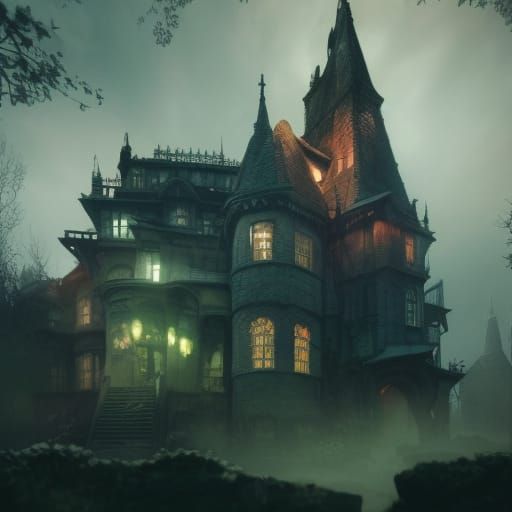 Eerie Witch House Illustration in Art Nouveau Style