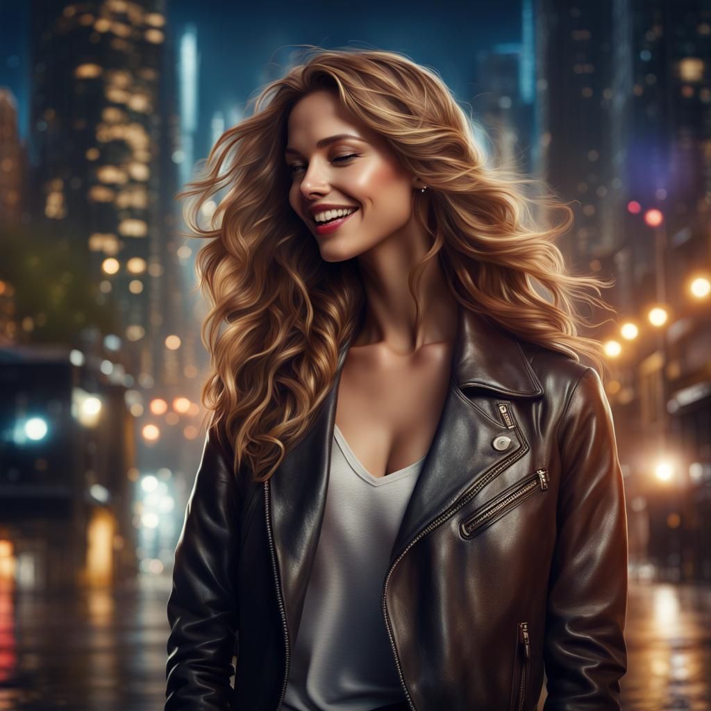 Beautiful Woman Listening to Music in City at Night