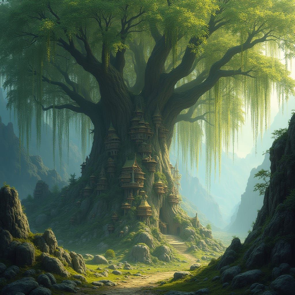 Elven World on Giant Weeping Willow, Fantasy Matte Painting