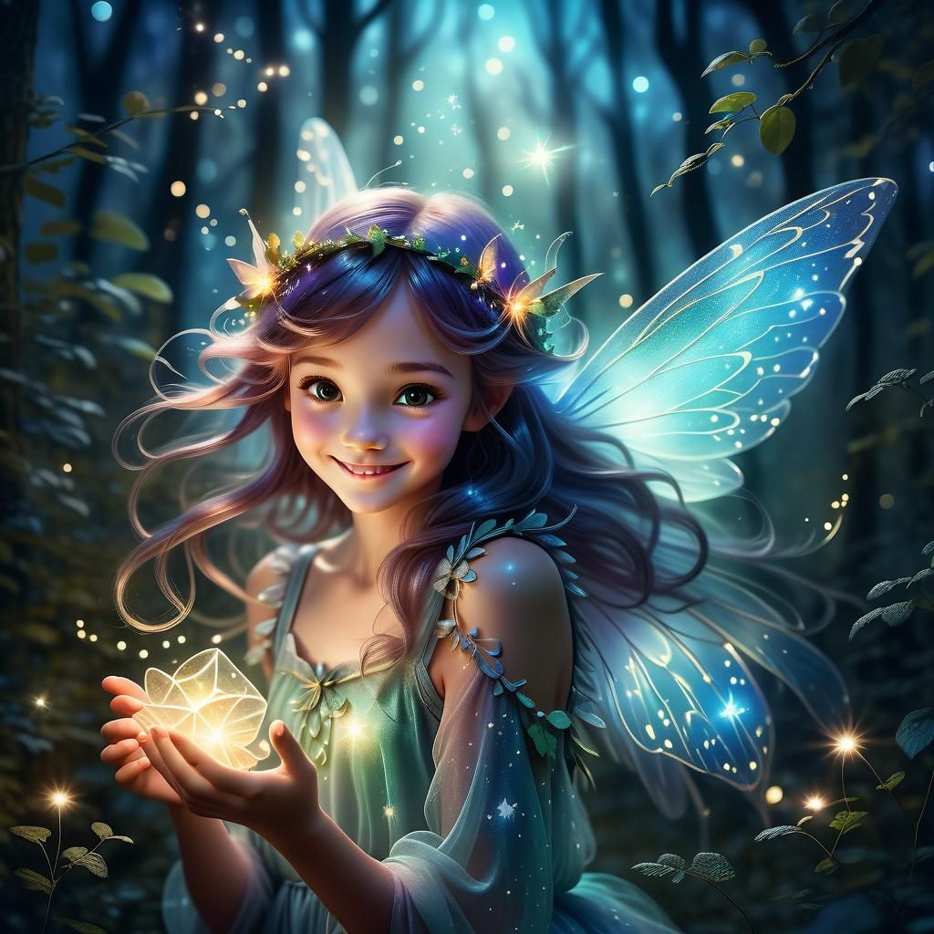 Smiling Fairy with Glowing Wings in Magical Forest