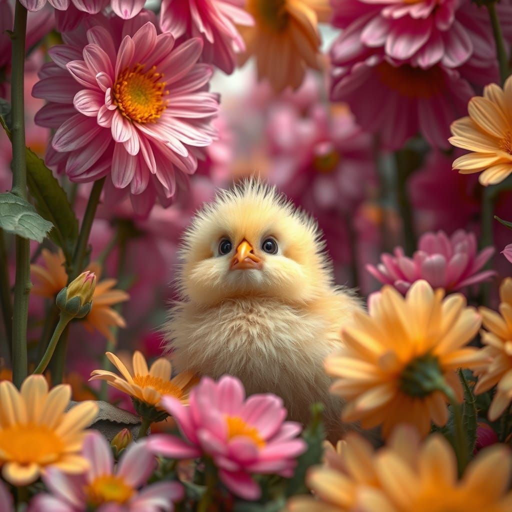 Fluffy Chick in Floral Forest, Hyperrealistic Digital Art