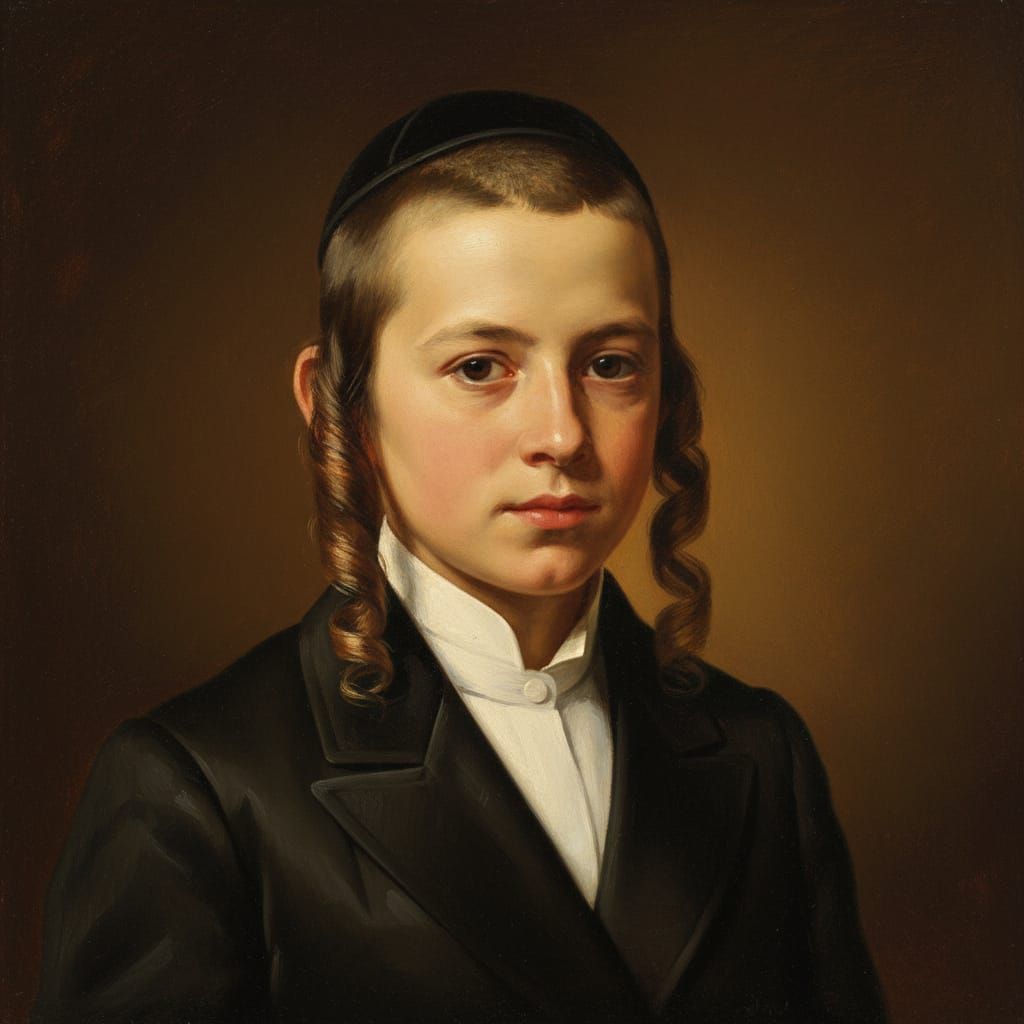 Classical Oil Painting of Hasidic Boy in 19th Century Style