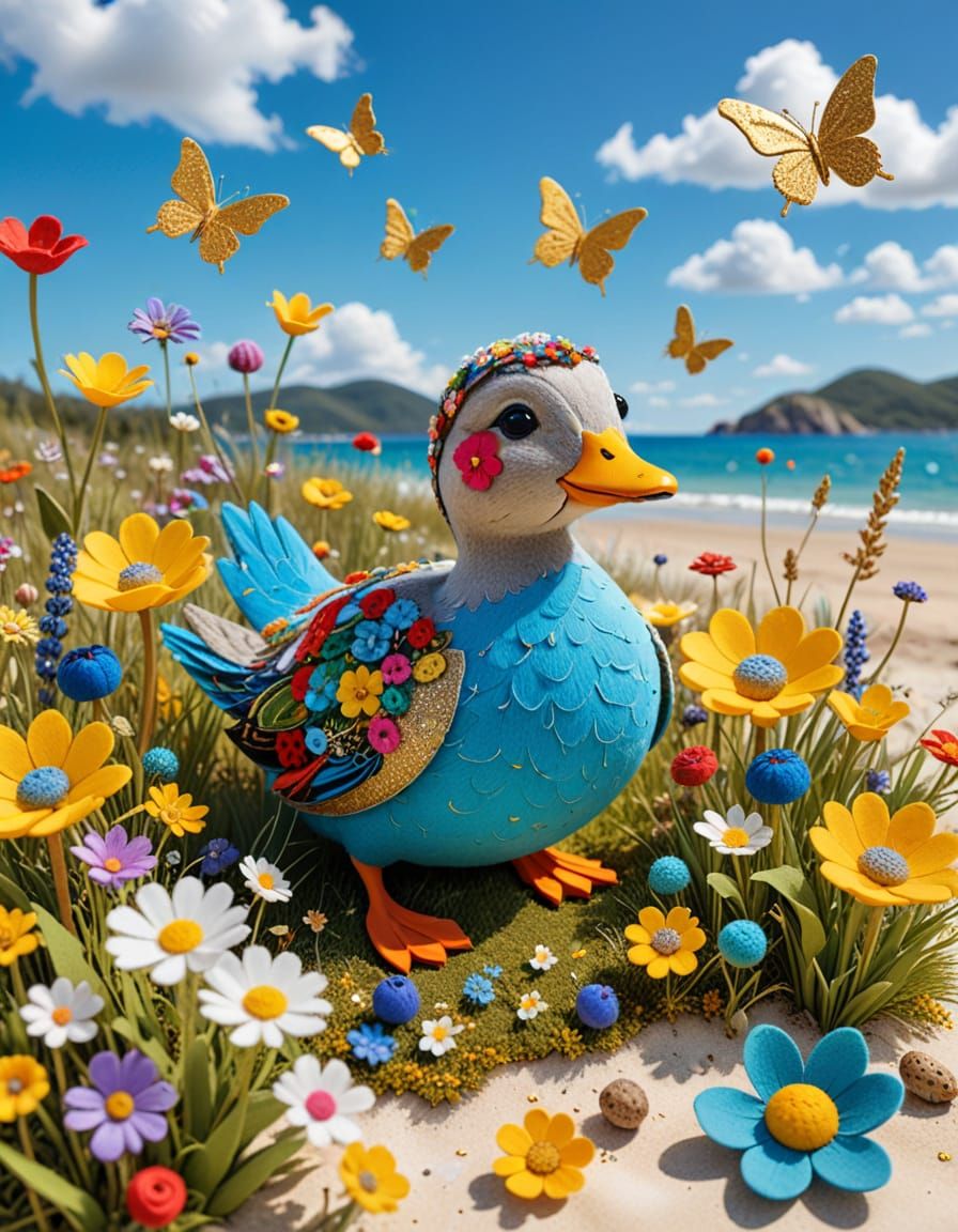 Felt Quail on Flower Meadow Beach Holiday