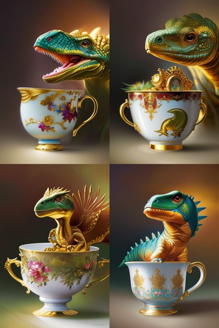 Baby Dinosaur in Golden Teacup: Vibrant Concept Art Portrait