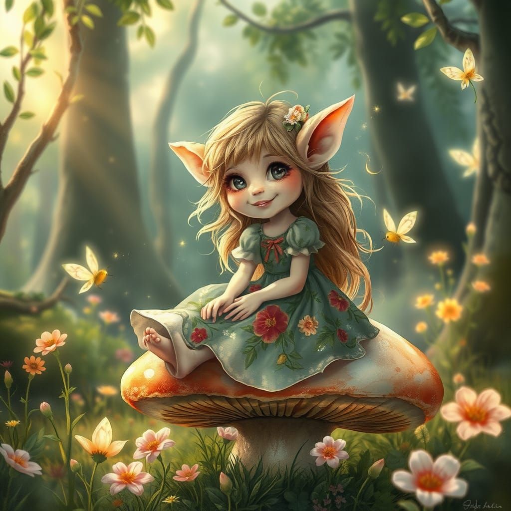 Enchanted Forest Troll Girl on Mushroom, Watercolor Style