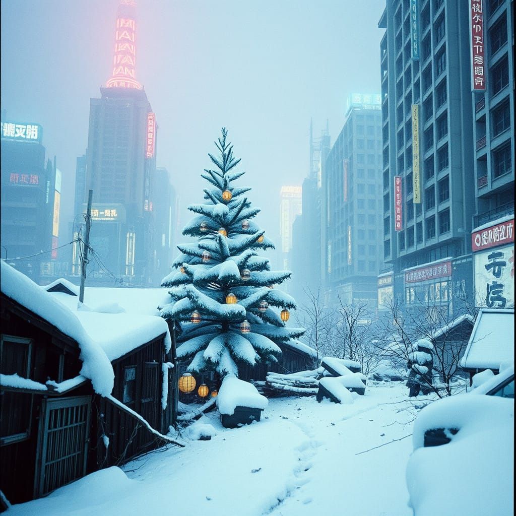 Post-Apocalyptic Winter Christmas in a Ruined Tokyo Cityscap...