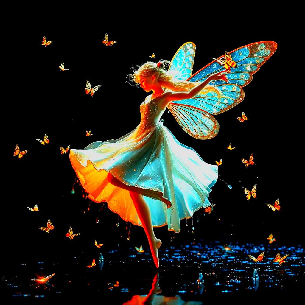 Dancing Fairy with Butterflies and Raindrops