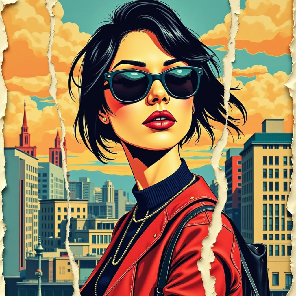 Anime-Inspired Woman in Vibrant, Distressed Poster Style