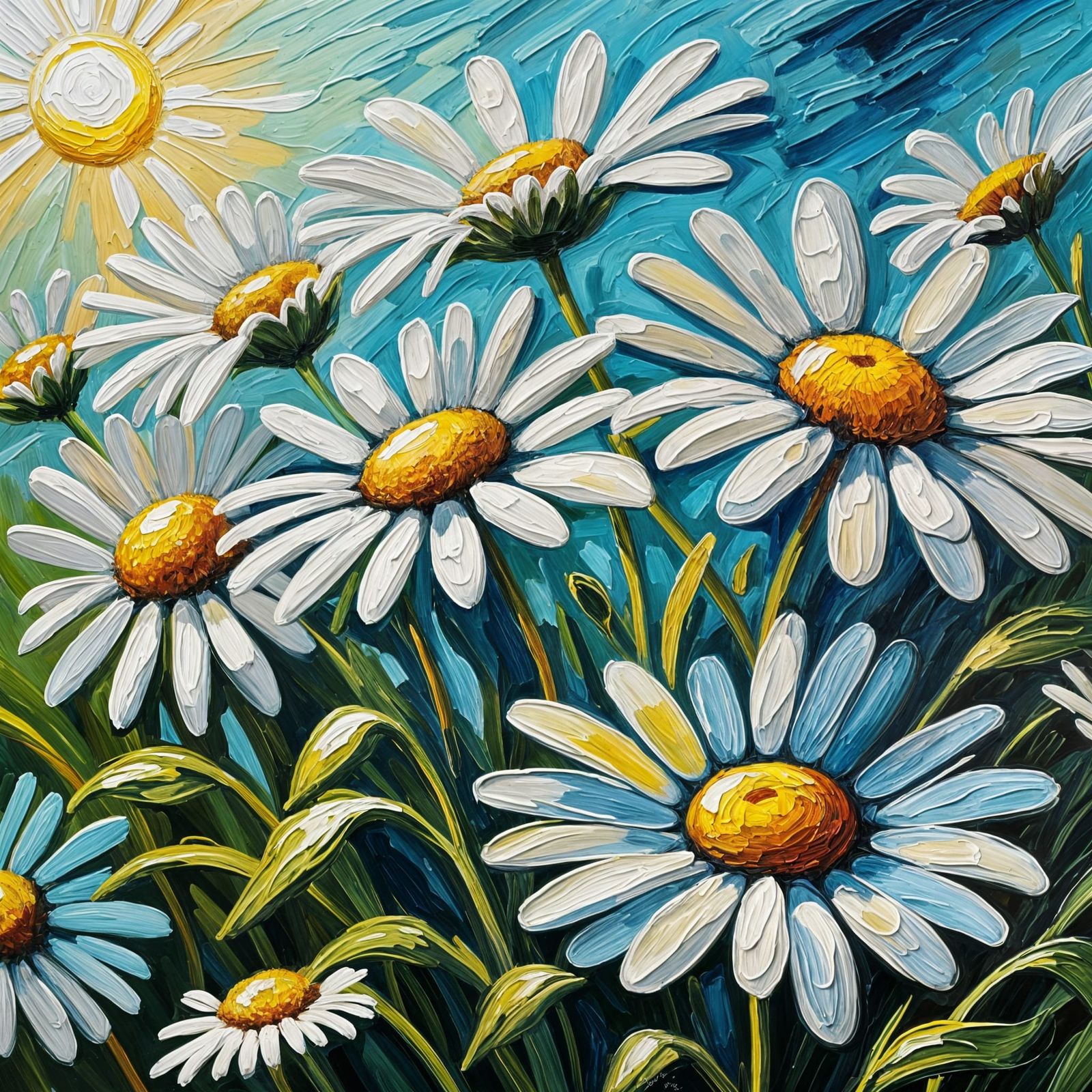 Daisies in Impasto Style with Thick Texture