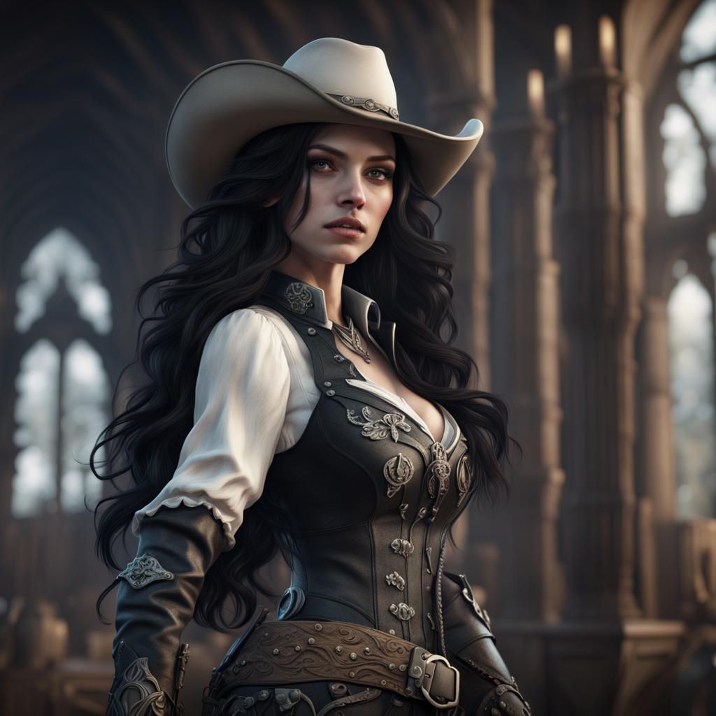 Gothic Cowgirl with Long Black Hair: Digital Matte Painting