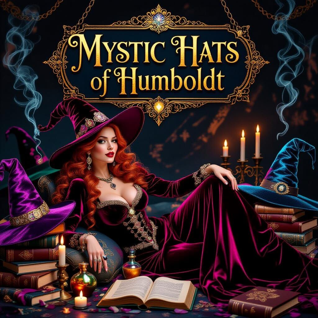 Redhead Witch Surrounded by Mystic Hats, Art Nouveau Style