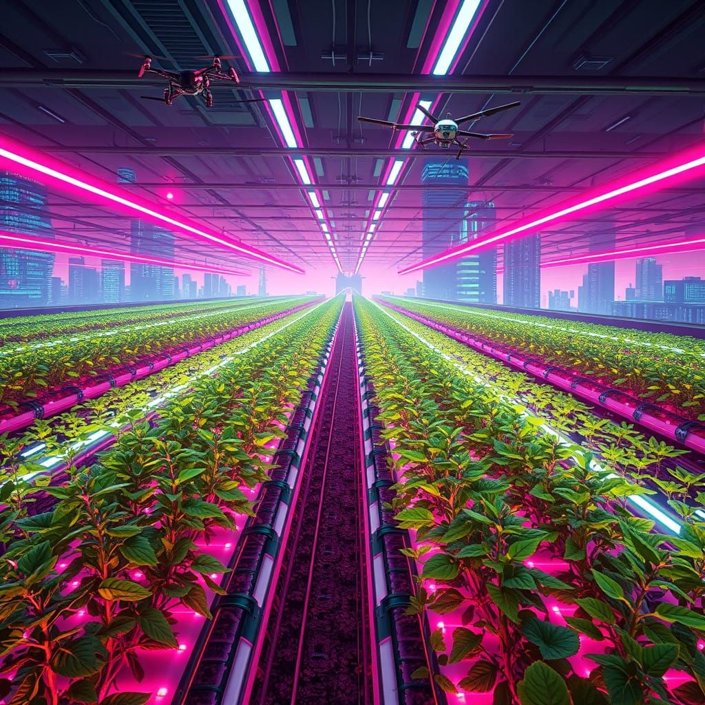 Cyberpunk Hydroponic Farm Amidst Futuristic Metropolis