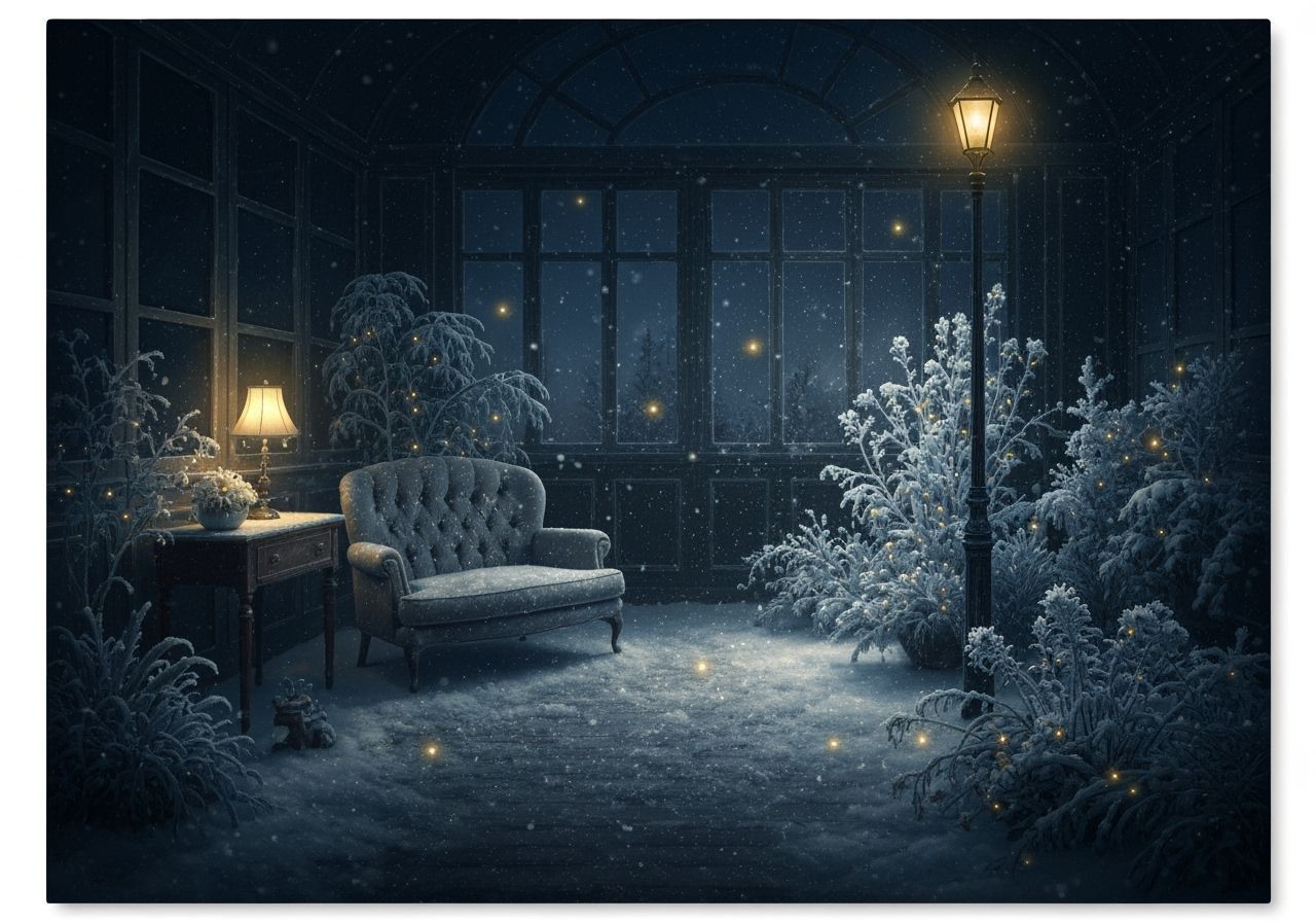 Victorian Living Room Winter Garden with Snowflakes and Stre...