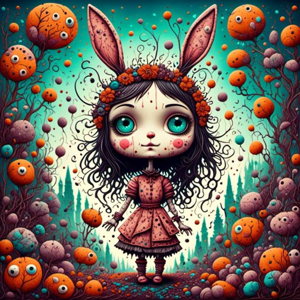 Creepy Cute Bunny Girl Portrait in Linework Style