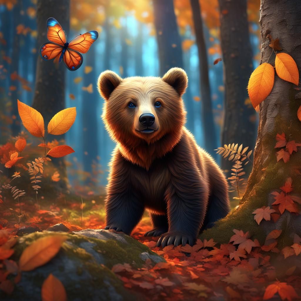 Baby Brown Bear and Butterfly in Autumn