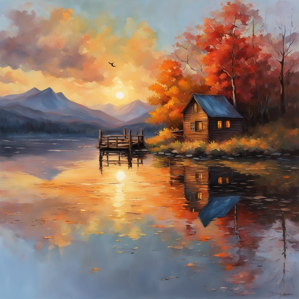 Serene Autumn Cabin by Lake at Sunset, Impressionistic Oil P...