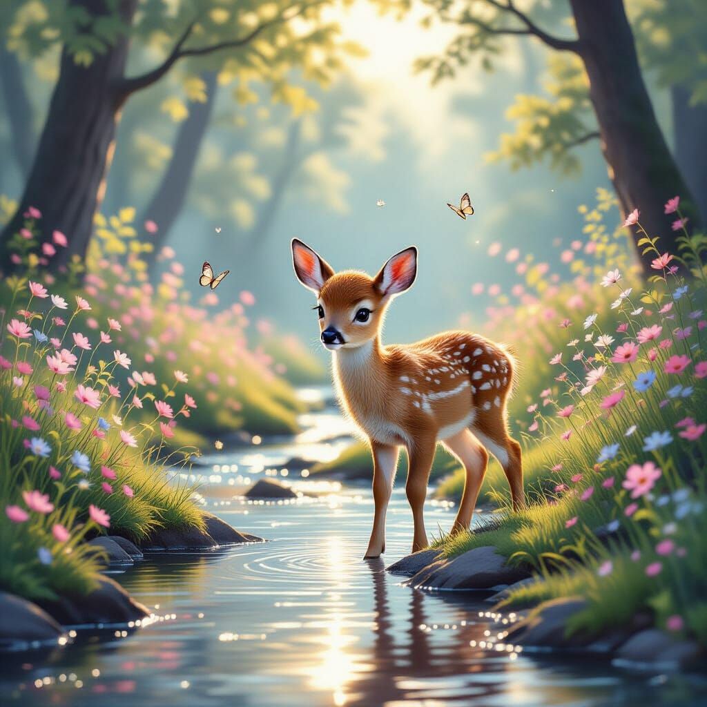 Enchanting Forest Dawn with Fawn and Stream