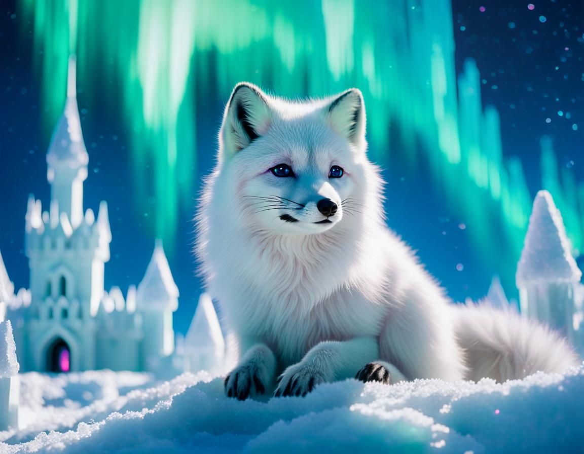 Arctic Fox in Crystal Castle Under Northern Lights
