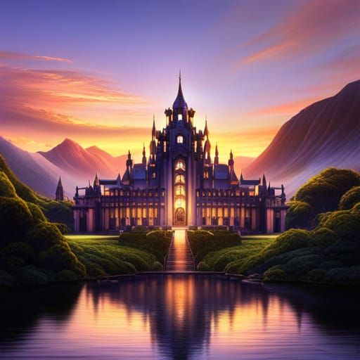 Magical Fantasy Palace at Sunset: Detailed Matte Painting