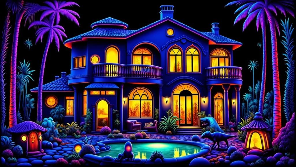 M.C. Escher Style Mediterranean House with Robots and Dinosa...